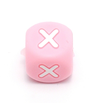 Silicone Alphabet Beads for Bracelet or Necklace Making, Letter Style, Pink Cube, Letter.X, 12x12x12mm, Hole: 3mm