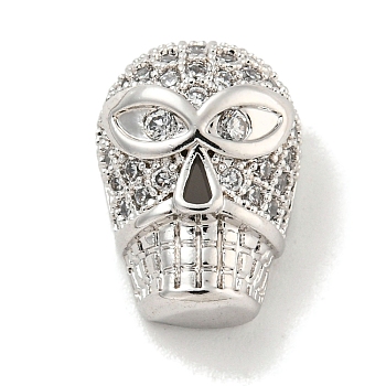 Brass Micro Pave Clear Cubic Zirconia Beads, Skull, Platinum, 12.5x11x8mm, Hole: 1.8mm