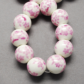 Handmade Printed Porcelain Beads, Round, Pearl Pink, 6mm, Hole: 2mm