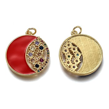 Brass Micro Pave Colorful Cubic Zirconia Pendants, Long-Lasting Plated, with Jump Rings & Enamel, Flat Round with Moon & Star, Real 18K Gold Plated, Red, 24x22x2.5mm, Hole: 3.2mm