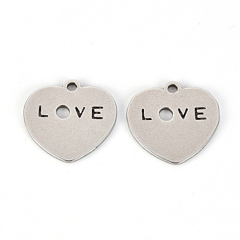 Valentine's Day 201 Stainless Steel Pendants, Laser Cut, Heart with Word Love, Stainless Steel Color, 14x15x1mm, Hole: 1.4mm