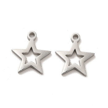 Non-Tarnish 304 Stainless Steel Charms, Hollow Star, Stainless Steel Color, 12x11x1.4mm, Hole: 1.4mm