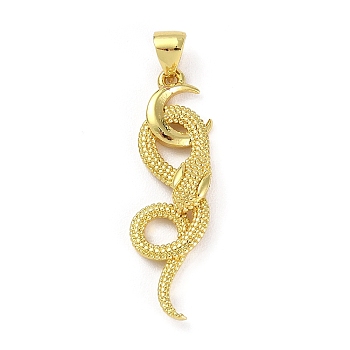 Brass Pendants, Snake with Moon Charm, Golden, 31x9x4mm, Hole: 5x4mm
