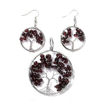 Brass Jewelry Sets, Big Pendants and Dangle Earrings, with Natural Garnet, Platinum, Ring with Tree of Life, 63~67x49~51x1.5~10mm, Hole: 4x5mm, 50~55x28~30x1.5~8mm, Pin: 0.8mm