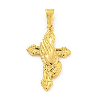 Ion Plating(IP) 304 Stainless Steel Pendants, Cross with Praying Hands Charm, Golden, 38x24x4mm, Hole: 9.5x5mm