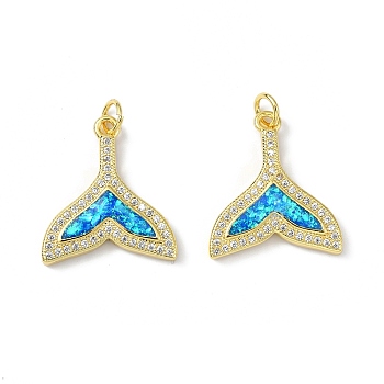 Brass Micro Pave Cubic Zirconia Pendants, with Synthetic Opal and Jump Ring, Fishtail, Real 18K Gold Plated, 21x19x3mm, Hole: 3.5mm