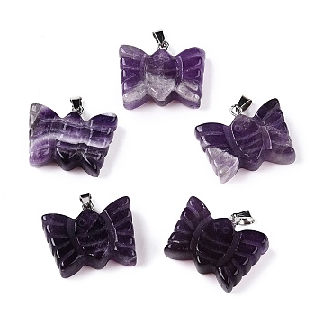 Natural Amethyst Carved Butterfly Pendants, Insect Charms with Platinum Plated Metal Snap on Bails, 19~20x24~25.5x6.5~7mm, clasp: 6.5x3x3.5~4mm