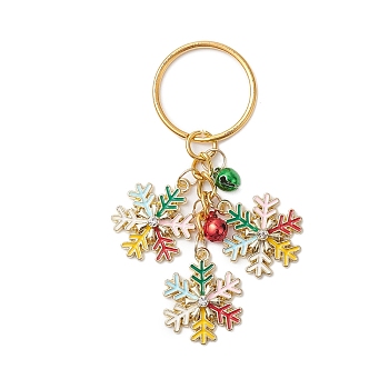 Snowflake Alloy Enamel with Brass Bell Pendant Keychain, Christmas Theme, with Iron Split Key Rings, Golden, 7.6cm