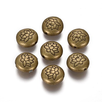 Tibetan Style Alloy Beads, Flat Round with Lotus, Cadmium Free & Nickel Free & Lead Free, Antique Bronze, 14x6.5mm, Hole: 1mm