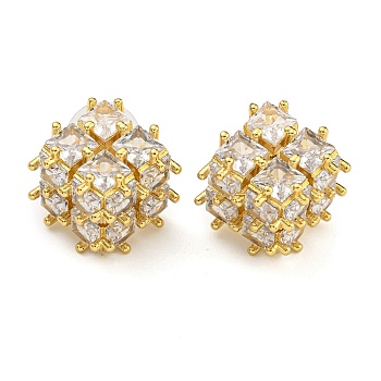 Brass Micro Pave Clear Cubic Zirconia Stud Earrings, Cube, Real 18K Gold Plated, 18x25mm