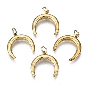 316 Surgical Stainless Steel Charms, with Jump Rings, Double Horn/Crescent Moon, Real 14K Gold Plated, 14x14.5x2.5mm, Jump Ring: 4mm in diameter, 0.5mm thick, 2.5mm inner diameter