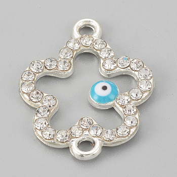 Alloy Rhinestone Links Connectors, Cadmium Free & Lead Free, Flower with Evil Eye, Sky Blue, Silver Color Plated, 21.5x17x2mm, Hole: 1.5mm