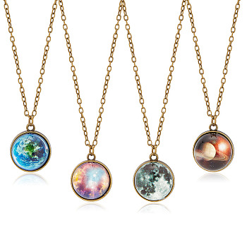4Pcs 4 Style Luminous Glass Round Planet Pendant Necklaces Set, Glow in the Dark Alloy Jewelry for Women, Mixed Color, 19.80 inch(50.3cm), 1Pc/style