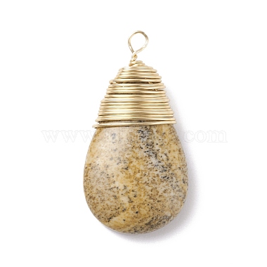 Copper Wire Wrapped Natural Picture Jasper Pendants(PALLOY-JF01178)-2