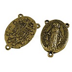 40Pcs Holy Oval Carved Virgin Mary Tibetan Style Alloy Chandelier Component Links, 3 Loop Connectors, Rosary Center Pieces, Lead Free and Cadmium Free, Antique Golden, 23x14.5x3mm, Hole: 1mm(TIBE-ZF0001-01AG)