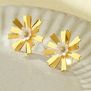 304 Stainless Steel Clear Cubic Zirconia ABS pearl Stud Earrings, Flower, White, Golden, 23x23mm(EJEW-S226-09G)