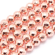 Electroplate Non-magnetic Synthetic Hematite Beads Strands, Grade AAA, Long-Lasting Plated, Faceted, Round, Rose Gold Plated, 3mm, Hole: 1mm, about 140pcs/strand, 15.7 inch(40cm)(G-L485-03B-RG)