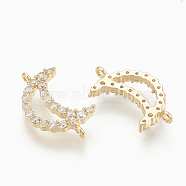 Brass Micro Pave Cubic Zirconia Links, Clear, Moon, Nickel Free, Real 18K Gold Plated, 14x8x2mm, Hole: 1mm(ZIRC-Q014-053G)