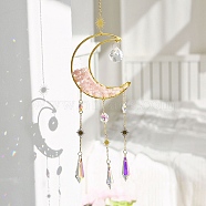 Natural Rose Quartz Wrapped Moon Hanging Ornaments, Teardrop Glass Tassel Suncatchers for Home Outdoor Decoration, 450mm(PW-WG20005-10)