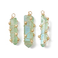 Copper Wired Electroplated Natural Quartz Crystal Pendants, Nuggets Charms, Golden, Dark Sea Green, 33.5~40x11~15x11~14mm, Hole: 2.5~3.2mm(PALLOY-JF02626-02)