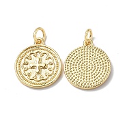 Brass Pendants, Cadmium Free & Lead Free, Textured, Flat Round with Cross Charm, Real 18K Gold Plated, 16x14x2mm, Ring: 5x0.8mm, Hole: 3.3mm(KK-F845-25G)