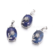 Natural Lapis Lazuli Pendants, with Platinum Tone Brass Findings, Oval with Flower, 22x13.8x10.3mm, Hole: 6x3.5mm(G-L512-I24)