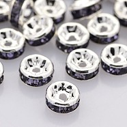 Brass Rhinestone Spacer Beads, Grade AAA, Straight Flange, Nickel Free, Silver Color Plated, Rondelle, Tanzanite, 4x2mm, Hole: 0.8mm(RB-A014-Z4mm-18S-NF)