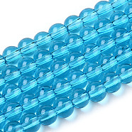 Transparent Glass Beads Strands, Round, Deep Sky Blue, 4~4.5mm, Hole: 0.8mm, about 97~99pcs/strand, 14.76 inch~14.96 inch(37.5~38cm)(X-GLAA-T032-T4mm-06)