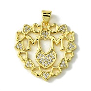 Mother's Day Brass Micro Pave Cubic Zirconia Pendants, Heart with Word Mom, Real 18K Gold Plated, 25x25x2mm, Hole: 5x3.5mm(KK-H472-04G-02)