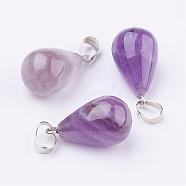 Natural Amethyst Pendants, with Platinum Tone Brass Findings, Drop, 24~24.5x14mm, Hole: 5x7mm(G-K187-04B)