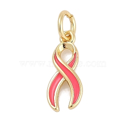 Brass Enamel Charms, with Jump Ring, Awareness Ribbon Charms, Long-Lasting Plated, Lead Free & Cadmium Free, Rack Plating, Real 18K Gold Plated, Cerise, 13.5x5.5x2mm(KK-Q028-30G-01)