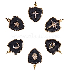 6Pcs 6 Styles Real 18K Gold Plated Brass Micro Pave Clear Cubic Zirconia Enamel Pendants, Long-Lasting Plated, with Jump Rings, Shield, Black, 1pc/style(ZIRC-SZ0001-36B)