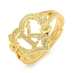 Heart with Letter & Flower Rack Plating Brass Adjustable Rings for Women, Lead Free & Cadmium Free, Real 18K Gold Plated, Letter K, US Size 6(16.5mm)(RJEW-I105-05G-K)