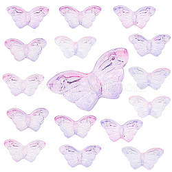 Two Tone Transparent Spray Painted Glass Beads, with Glitter Powder, Butterfly, Flamingo, 8x15x4.5mm, Hole: 1mm, 100pcs/box(GLAA-SC0001-58B)