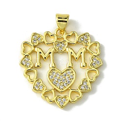 Mother's Day Brass Micro Pave Cubic Zirconia Pendants, Heart with Word Mom, Real 18K Gold Plated, 25x25x2mm, Hole: 5x3.5mm(KK-H472-04G-02)