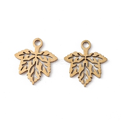304 Stainless Steel Pendants, Maple Leaf Charm, Real 18K Gold Plated, 13x11.5x1mm, Hole: 1.5mm(STAS-E186-04G)