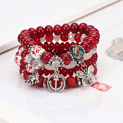 4Pcs Bohemian Style Alloy & Glass & Acrylic Charm Bracelets Set, Butterfly & Anchor & Elephant, Antique Silver, Dark Red, 7-1/8 inch(18cm)(WG8E884-03)