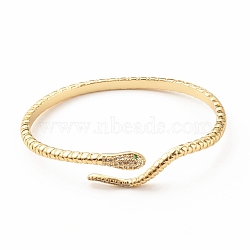 Green Cubic Zirconia Snake Wrap Open Cuff Bangle, Brass Jewelry for Women, Cadmium Free & Lead Free, Real 18K Gold Plated, Inner Diameter: 1-7/8x2-1/4 inch(4.7x5.7cm)(BJEW-B054-08G)
