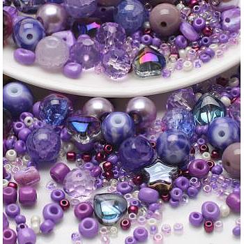 2 Bag Glass Round Beads Set, Colorful & Cracked Faceted Round, with Glass Seed Beads, for DIY Bracelet Jewelry Making, Purple, 1~10mm, 40g/bag