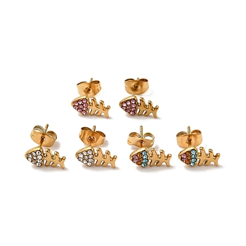 Rhinestone Fishbone Stud Earrings with 316 Surgical Stainless Steel Pins, Gold Plated 304 Stainless Steel Jewelry for Women, Mixed Color, 10.5x6mm, Pin: 0.7mm