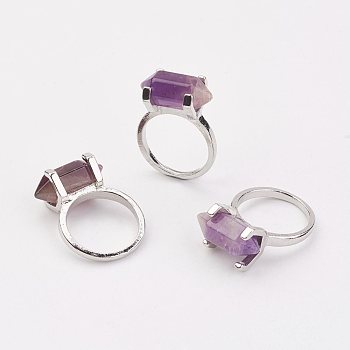 Natural Amethyst Finger Rings, with Alloy Ring Findings, Platinum, Bullet, Size 8, 18mm