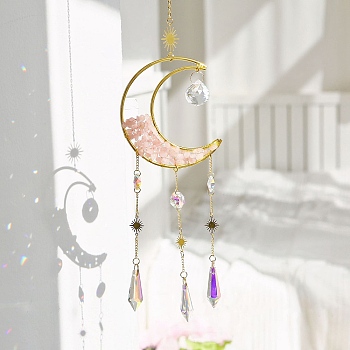 Natural Rose Quartz Wrapped Moon Hanging Ornaments, Teardrop Glass Tassel Suncatchers for Home Outdoor Decoration, 450mm