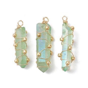 Copper Wired Electroplated Natural Quartz Crystal Pendants, Nuggets Charms, Golden, Dark Sea Green, 33.5~40x11~15x11~14mm, Hole: 2.5~3.2mm