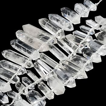 Natural Quartz Crystal Double Terminal Pointed Beads Strands, Rock Crystal Beads, Faceted Bullet, 25~59x7~16x6~12mm, Hole: 2mm, about 13~15pcs/strand, 7.52''~9.13''(19.1~23.2cm)