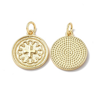 Brass Pendants, Cadmium Free & Lead Free, Textured, Flat Round with Cross Charm, Real 18K Gold Plated, 16x14x2mm, Ring: 5x0.8mm, Hole: 3.3mm
