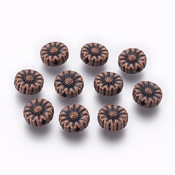 Tibetan Style Alloy Flower Beads, Cadmium Free & Nickel Free & Lead Free, Red Copper, 11x5mm, Hole: 2mm