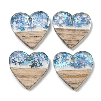 Wooden Pendants, Resin and Gold Foil, Heart, Deep Sky Blue, 24x25x4mm, Hole: 2mm