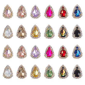 24Pcs 12 Colors Teardrop Sew on Rhinestone, Glass Rhinestone, Multi-Strand Links, with Light Gold Tone Iron Settings, Mixed Color, 16.5x12x5mm, Hole: 1.2mm, 2pcs/color