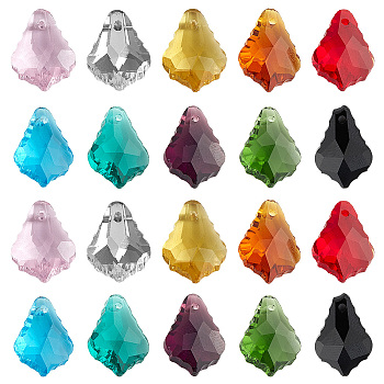 40Pcs 10 Colors Faceted Glass Pendants, Leaf Charms, Mixed Color, 16x11x6mm, Hole: 1.5mm, 4Pcs/color