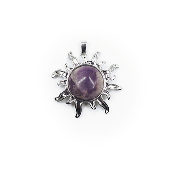Natural Amethyst Pendants, Sun Charms, with Platinum Plated Alloy Findings, 39x39mm